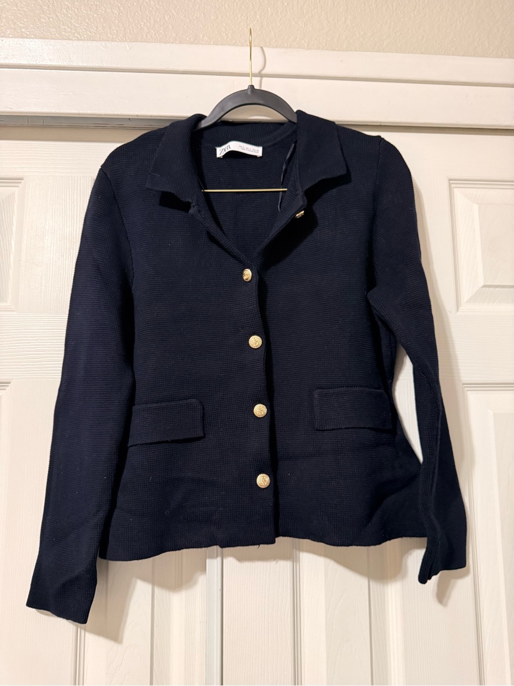 Zara Navy Knit Button-Front Jacket with Gold Buttons